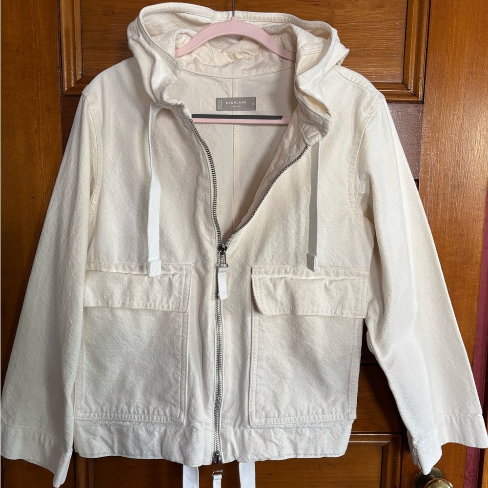 Everlane White Utility Jacket with Hood and Adjustable Waist